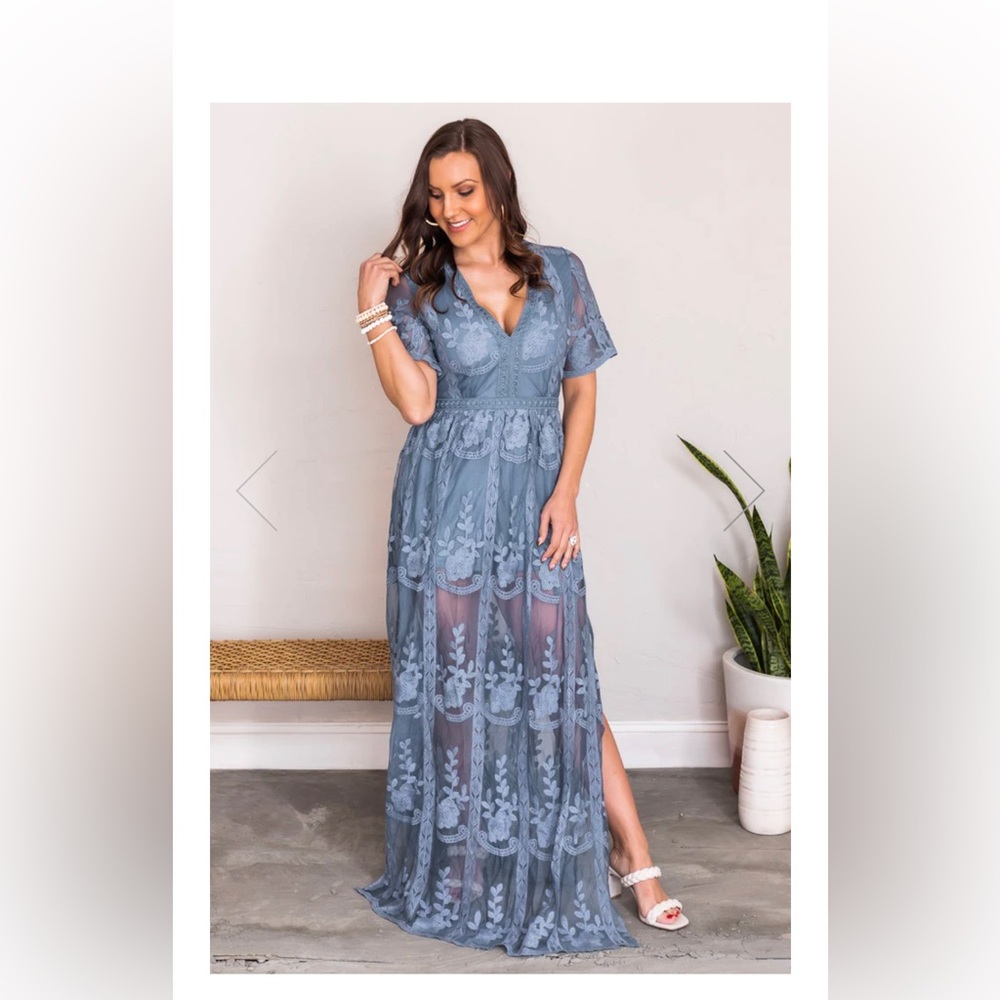 PinkLily Crossing Paths Lace Maxi Blue Dress Romper